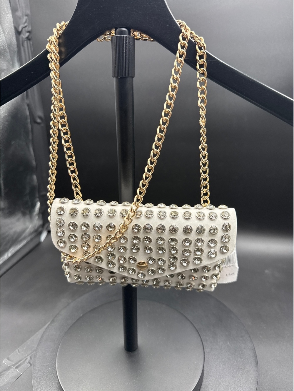 White Studded Leather Shoulder Bag with Gold Chain Strap